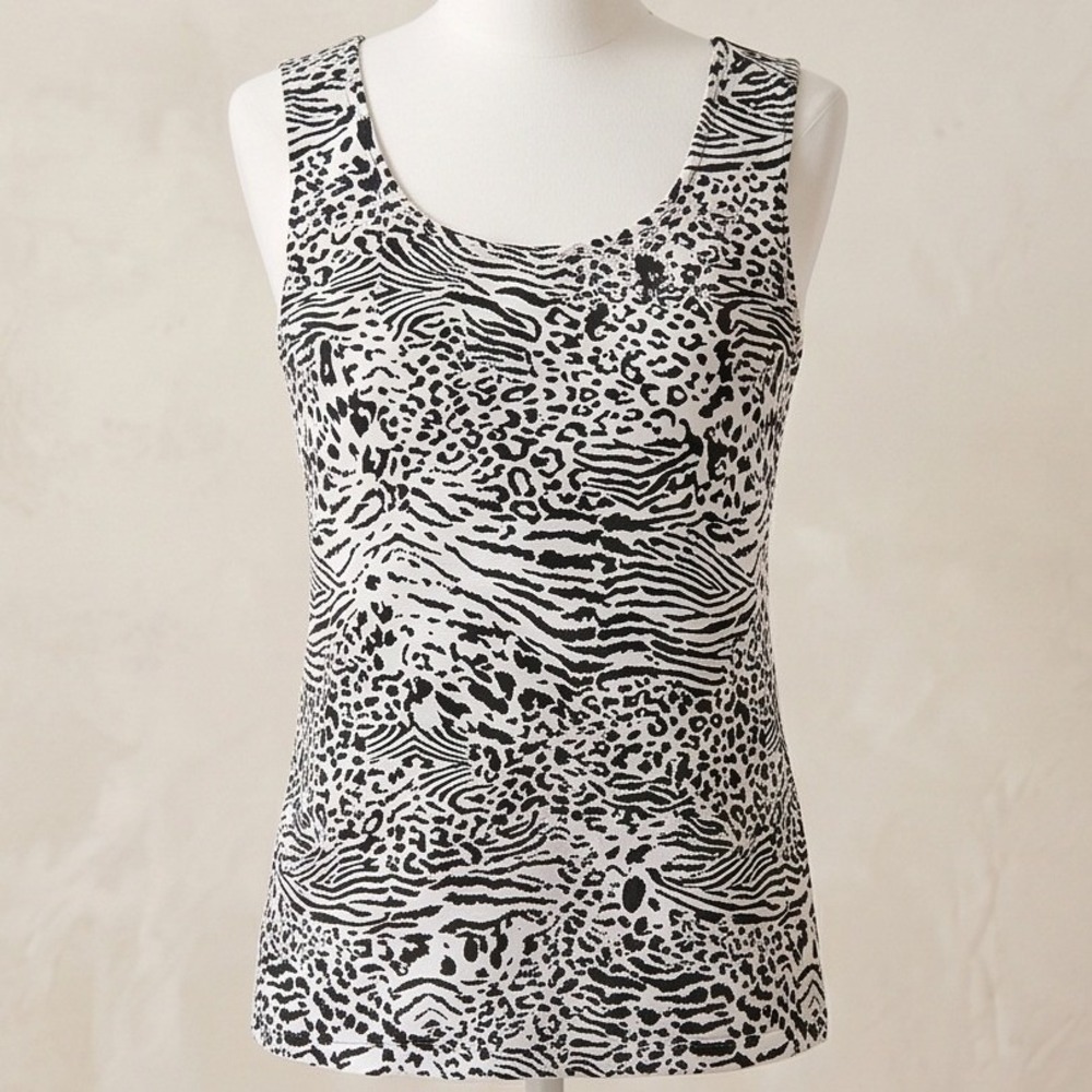 Chico's 2 Black White Animal Print Tank Top Sleeveless Scoop Neck‎ Large